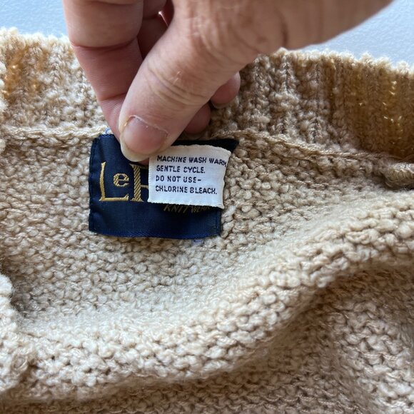 LeRoy Sweater Womens Medium Tan Knit Cardigan Acrylic Open Front Patch Pockets - Picture 8 of 10